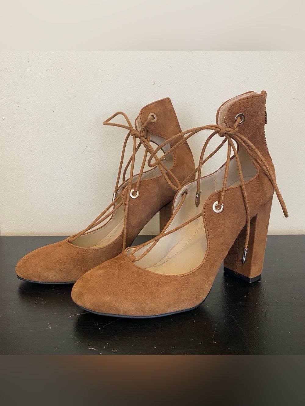 Marc Fisher Camel Tan Suede Leather High Block 4” Heel Lace Tie Up Womens 8M Zip